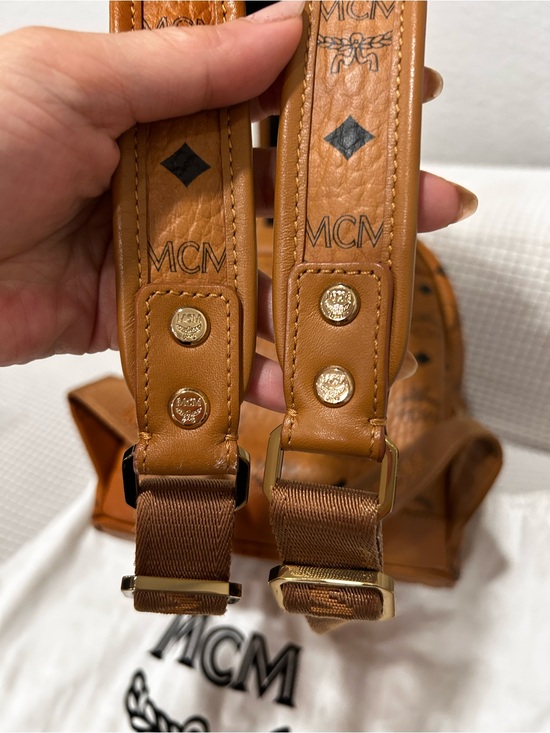 Authentic MCM Cognac Logo Gold Studded Mini Backpack Visetos main image 8